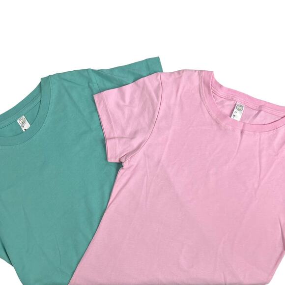 LAT Girls Fine Jersey T-Shirt Top Short Sleeve Crew Large Pink Green Bundle of 2 - Picture 1 of 13